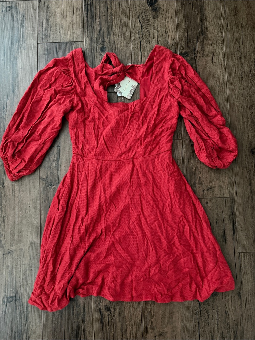 Orangish Red Puff Sleeve Textured Skater Dress